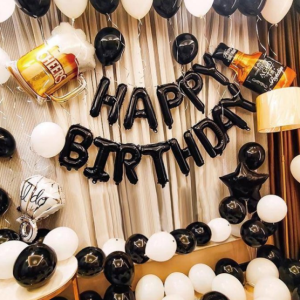 black and white happy birthday balloon set