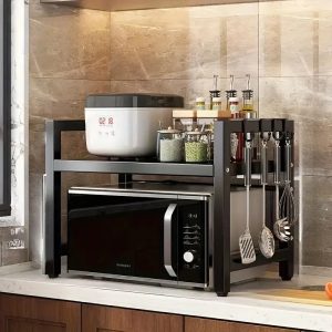 black microwave oven shelf rack with storage