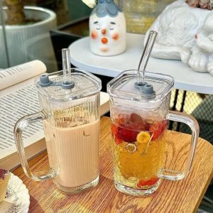 elegant striped square glass cup (380ml)(each)