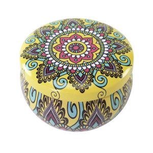 english pear and freesia aroma candle in colourful patterned tin (65ml)