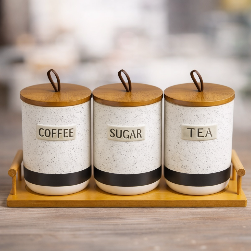 ceramic coffee tea and sugar holder set with bamboo tray ceramic coffee tea and sugar holder set with bamboo tray