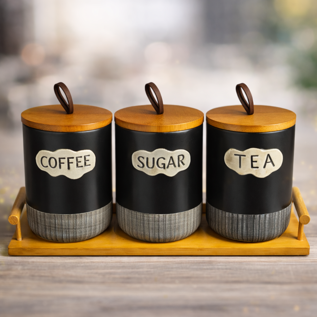 ceramic coffee tea and sugar holder set with bamboo tray ceramic coffee tea and sugar holder set with bamboo tray