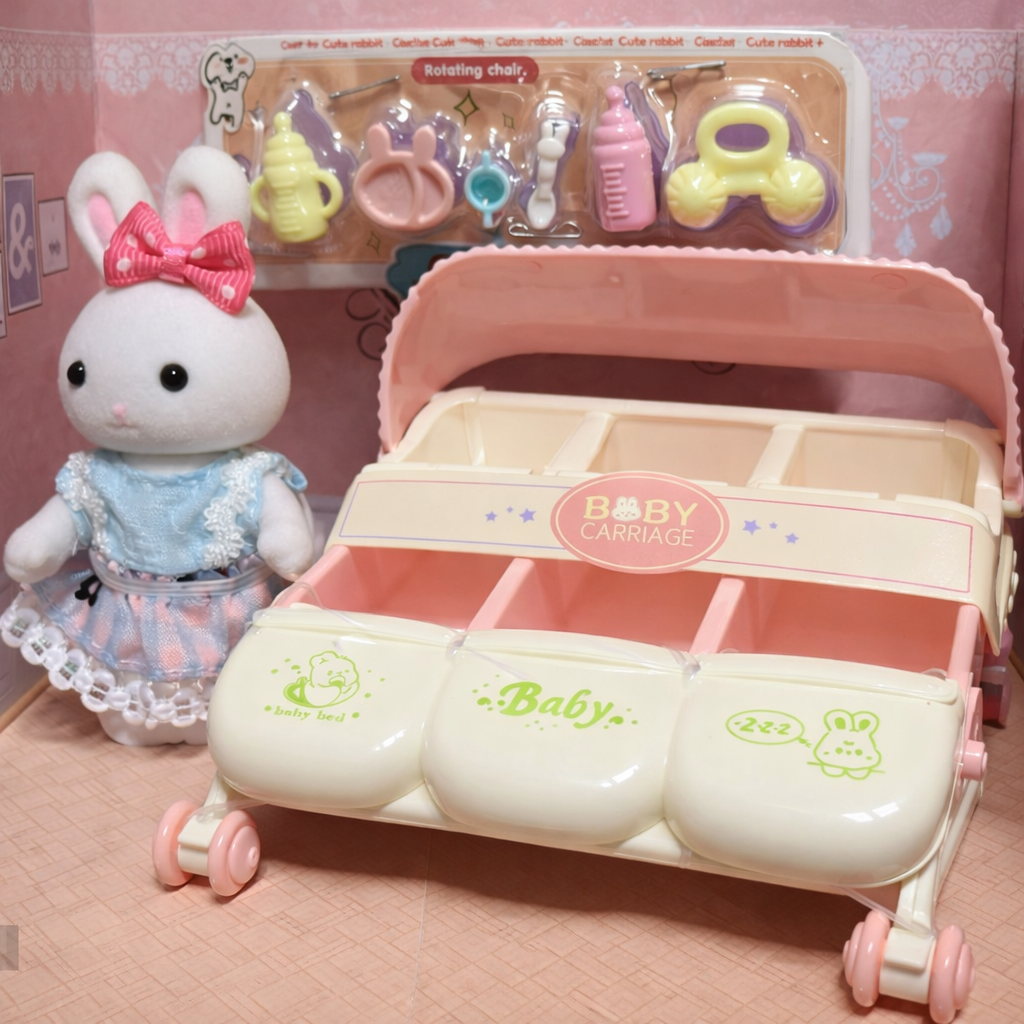 mother rabbit with baby carriage play toy set (9 pcs)(nursery collection)