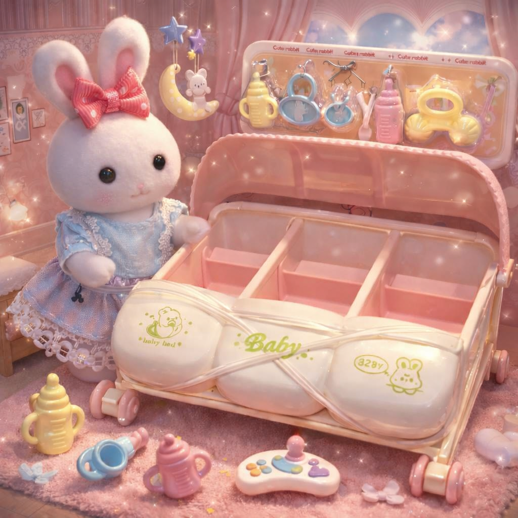 mother rabbit with baby carriage play toy set (9 pcs)(nursery collection)