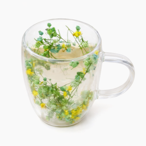 double walled glass cup (350ml)(yellow green blue flowers)