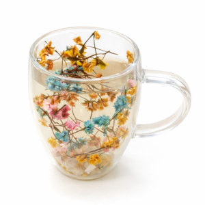 double walled glass cup (350ml)(bright mixed color flowers)
