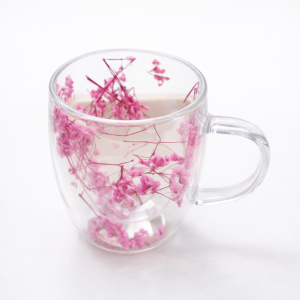 double walled glass cup (350ml)(pink flowers)