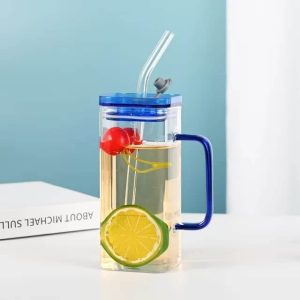 colour tinted glass tumbler with plastic lid (380ml)(each)