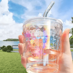 rainbow tumbler glass with lid and straw (400ml)(each)