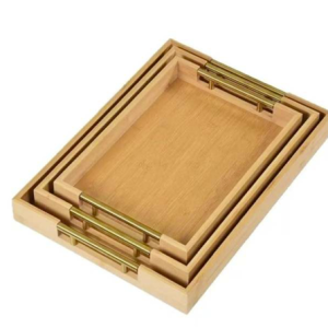wooden serving tray set with metal handles (3 pcs)