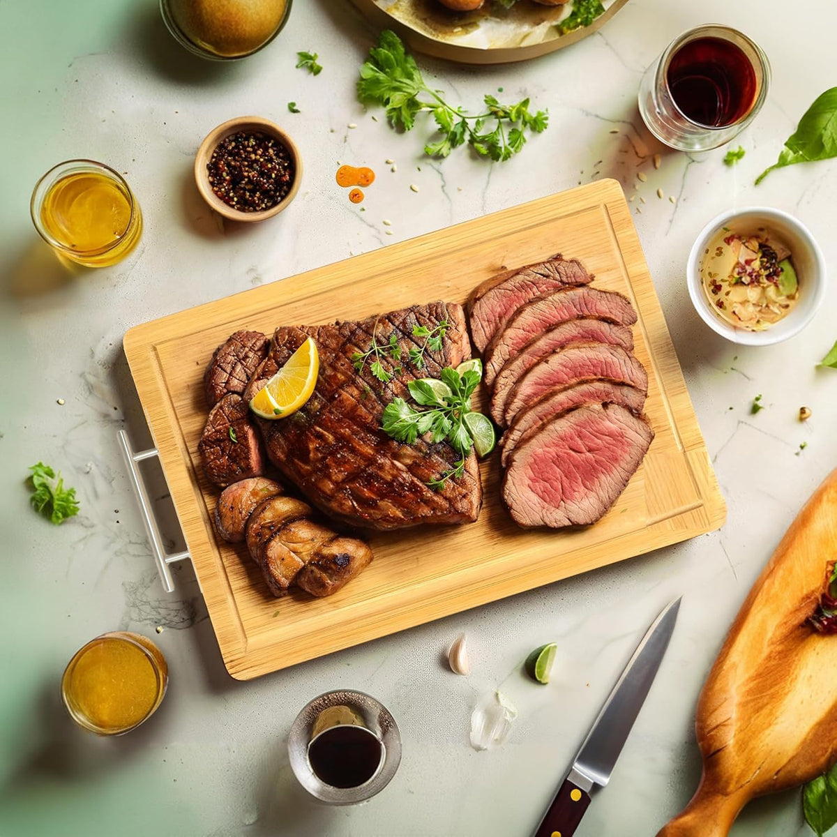 bamboo cutting board with stainless steel handle
